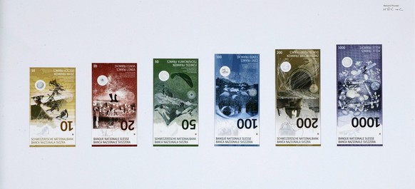Die Schweizerische Nationalbank (SNB) praesentiert am Mittwoch, 23. November 2005 in Bern die Entwuerfe fuer eine neue Banknotenserie. Die kuenstlerische Gestaltung (Vorderseite) der Grafikerin Manuel ...