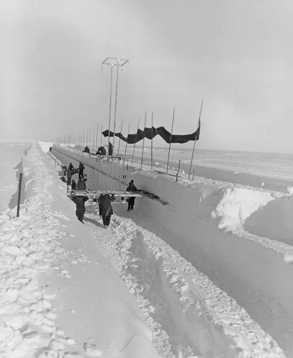 Huge trenches in the snow being cut out to create Camp Century back in 1959 
US Army/Pictorial Parade/Archive Photos/Getty Images