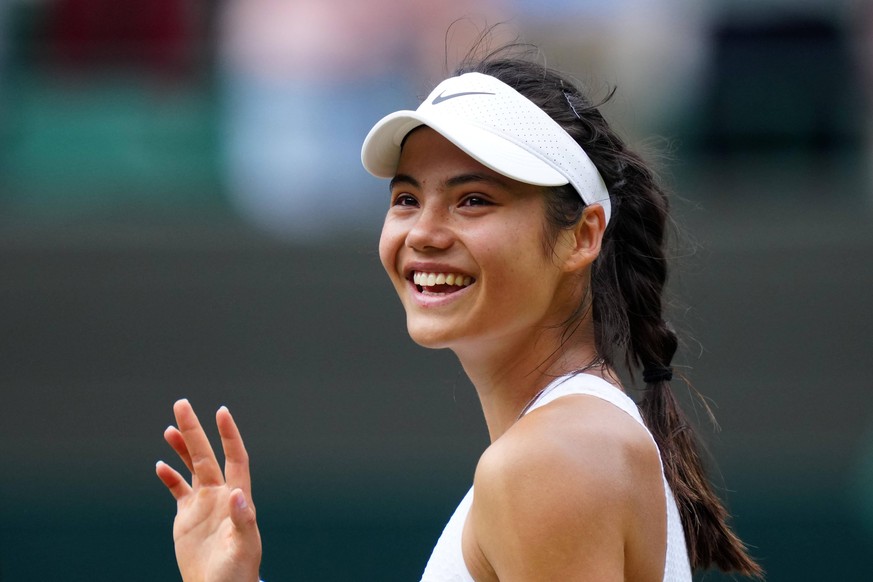 Mandatory Credit: Photo by Dave Shopland/Shutterstock 12194409dr Emma Raducanu celebrates victory in her third round match Wimbledon Tennis Championships, Day 6, The All England Lawn Tennis and Croque ...