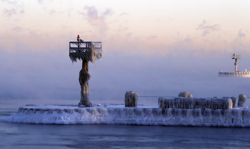 Harbor lights are covered by snow and ice on the Lake Michigan at 39th Street Harbor, Wednesday, Jan. 30, 2019, in Chicago. A deadly arctic deep freeze enveloped the Midwest with record-breaking tempe ...