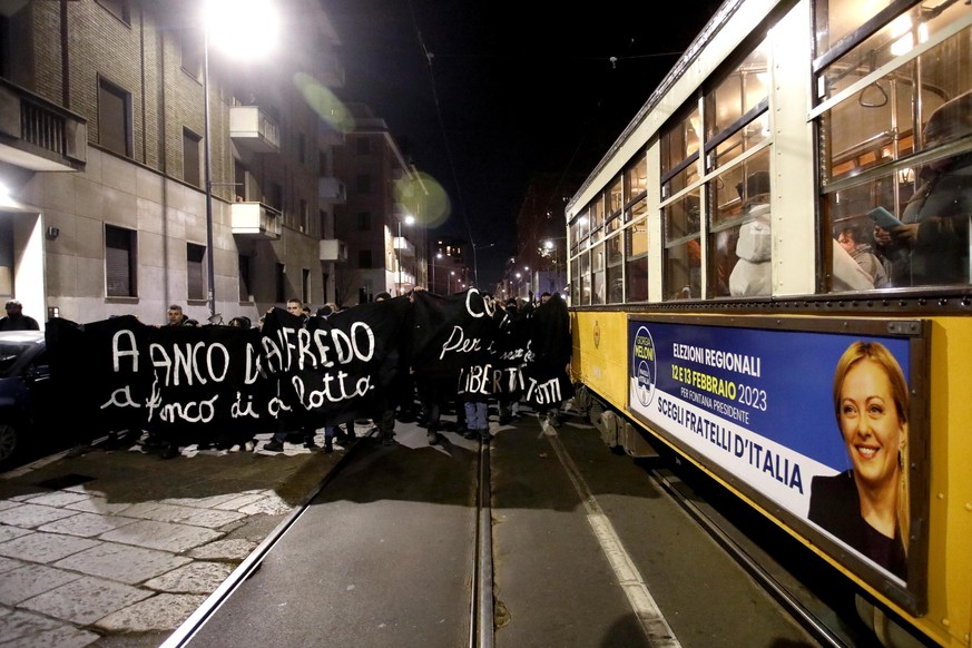 epa10446476 Demonstrators protest against 41 bis Italian law, Article 41-bis of the Prison Administration Act, also known as &#039;carcere duro&#039; (hard prison regime) and supporting jailed anarchi ...