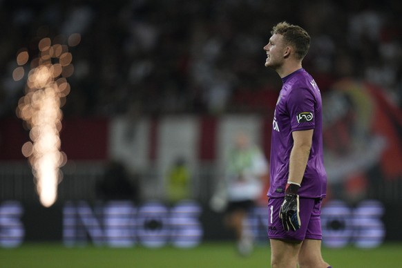 FILE - Maccabi&#039;s goalkeeper Daniel Peretz reacts end of the Europa Conference League play-off, second leg soccer match between Nice and Maccabi Tel Aviv at the Allianz Riviera stadium in Nice, Fr ...