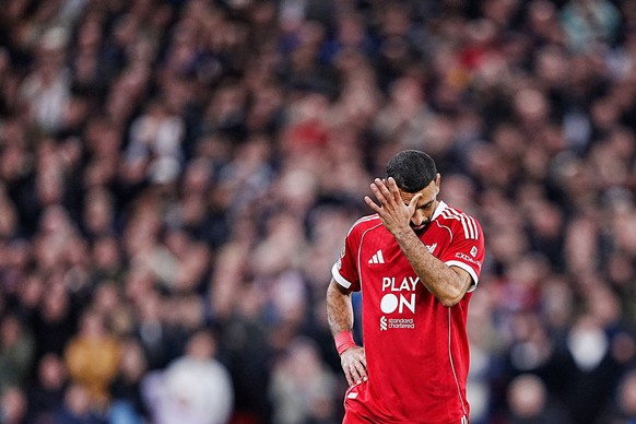 Liverpool&#039;s Mohamed Salah reacts during the English Premier League soccer match between Liverpool and Manchester United in Liverpool, England, Sunday, Oct. 19, 2025. (Peter Byrne/PA via AP)
Brita ...
