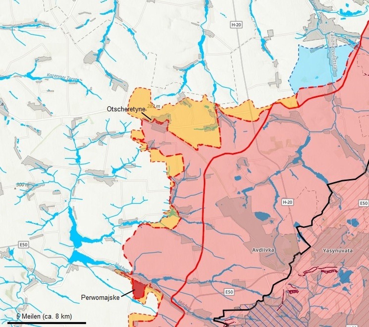 Frontverlauf westlich von Awdijiwka. Russische Truppen rückten bei Otscheretyne und Perwomajske vor. 3. Mai 2024.
https://storymaps.arcgis.com/stories/36a7f6a6f5a9448496de641cf64bd375