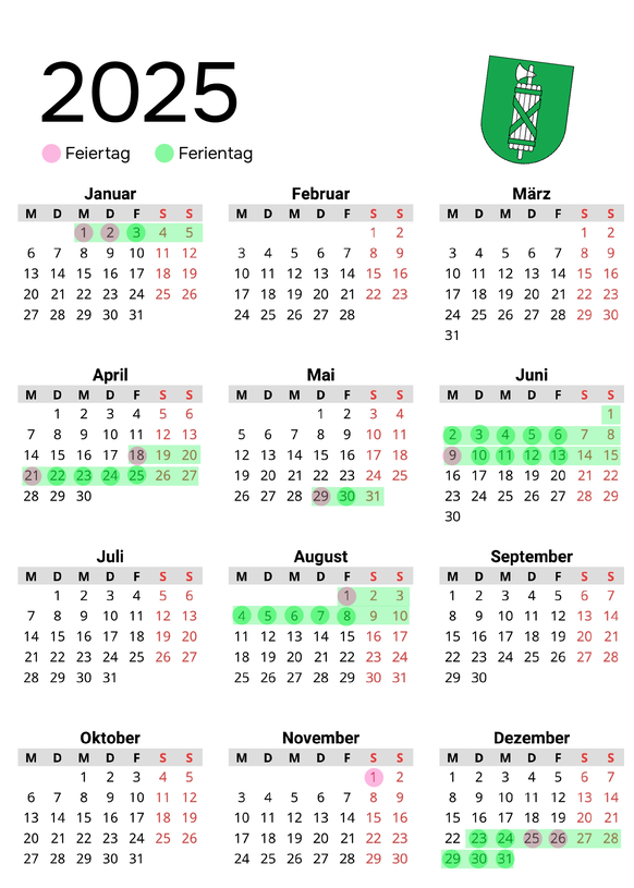 Ferienkalender Feiertage 2025 St. Gallen
