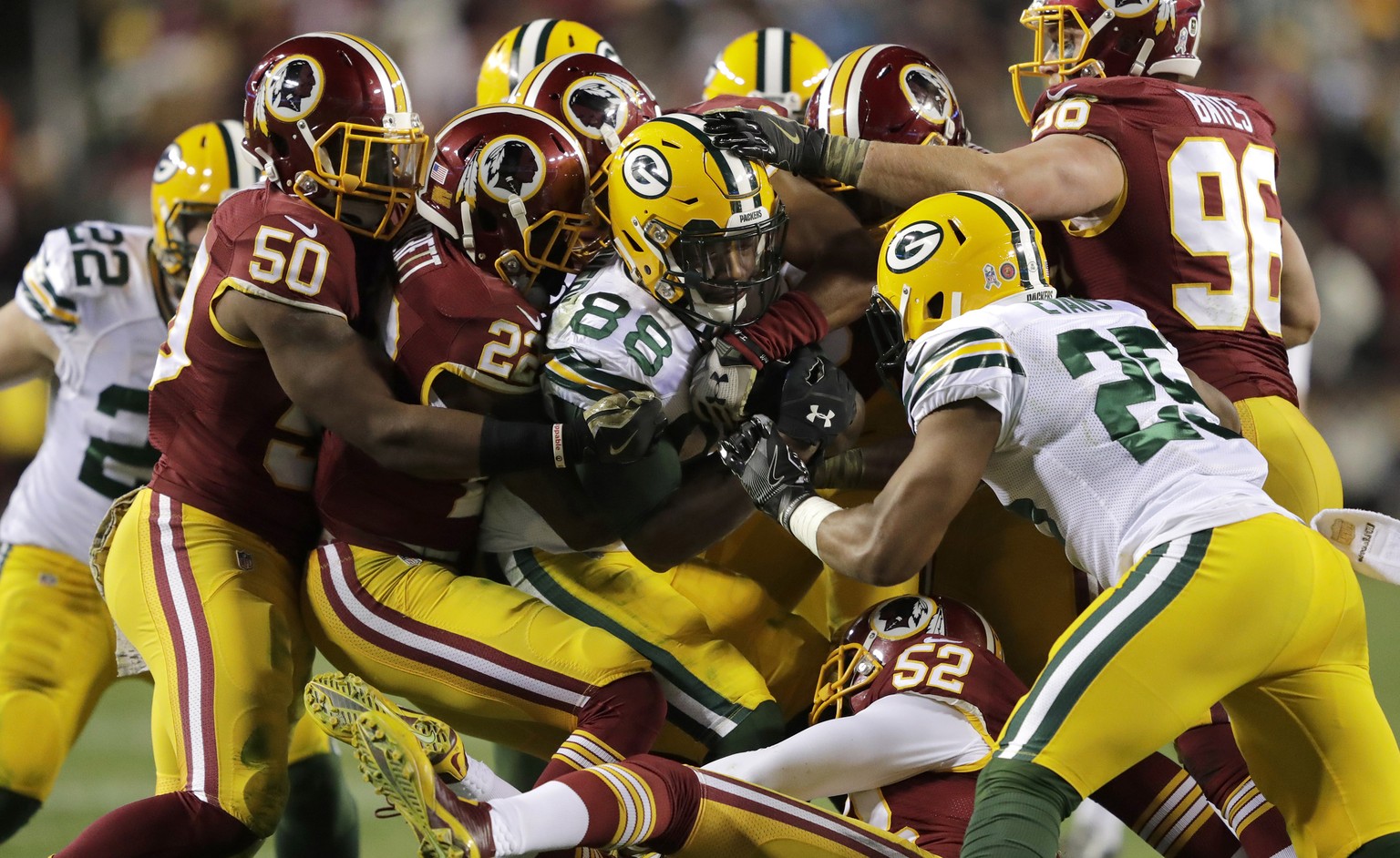 Nov 20, 2016; Landover, MD, USA; Green Bay Packers' Ty Montgomery (88) carries the ball as the Washington Redskins defend during the second half at FedEx Field. Mandatory Credit: Dan Powers/Wisconsin  ...