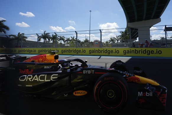Red Bull driver Max Verstappen of the Netherlands steers his car during the qualifying session for the Formula One Miami Grand Prix auto race, Saturday, May 4, 2024, in Miami Gardens, Fla. (AP Photo/R ...
