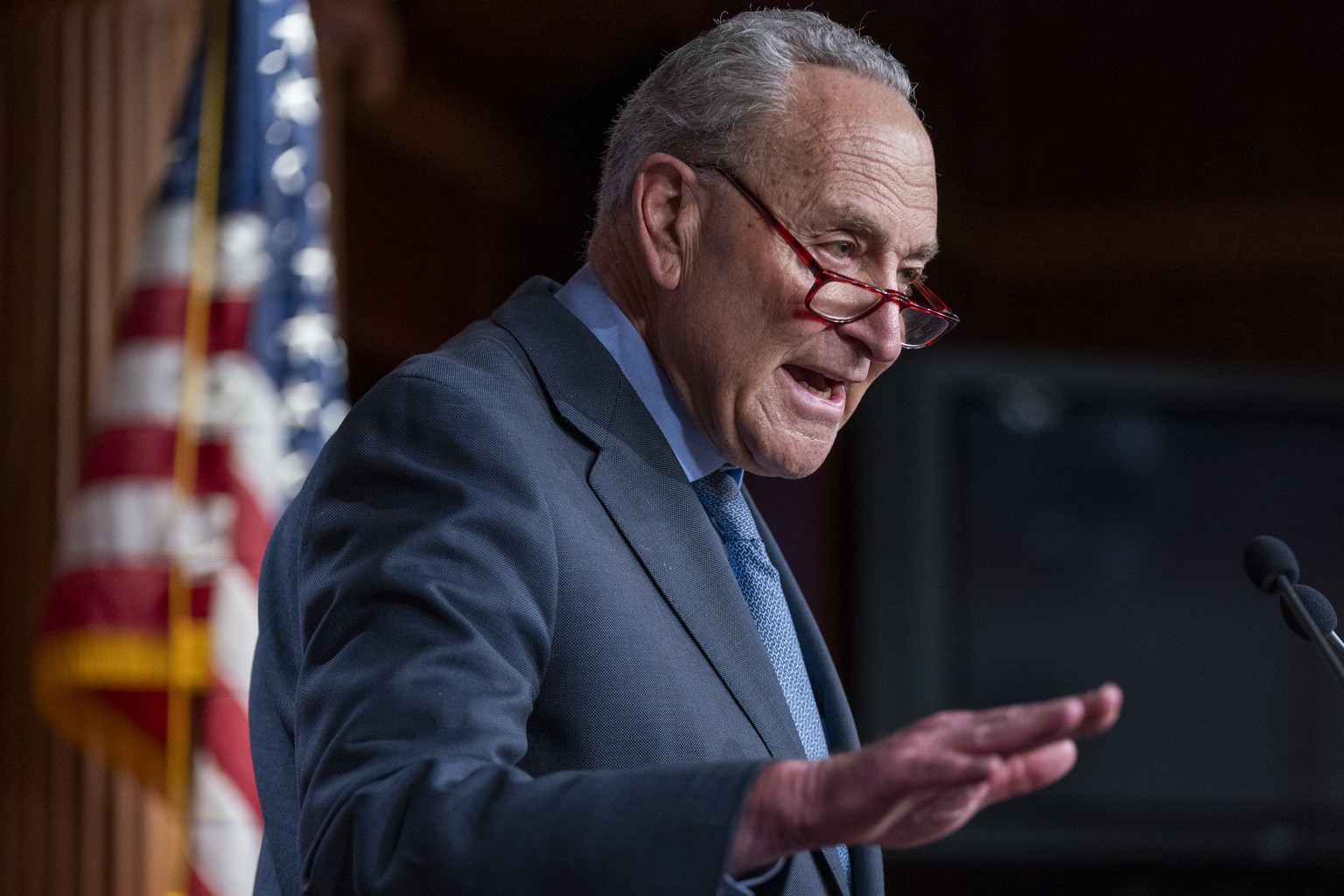 epa11285583 Senate Majority Leader Chuck Schumer delivers remarks to the news media during a press conference in the US Capitol in Washington, DC, USA, 17 April 2024. Leader Schumer commented on and r ...
