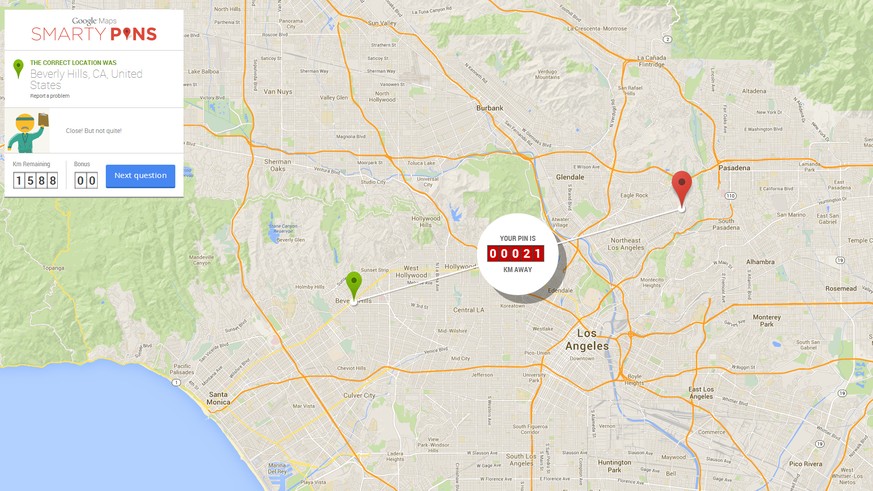 Spielen mit Google Maps:&nbsp;Je näher man die Stecknadel am gesuchten Ort positioniert, desto mehr Punkte gibt's.&nbsp;