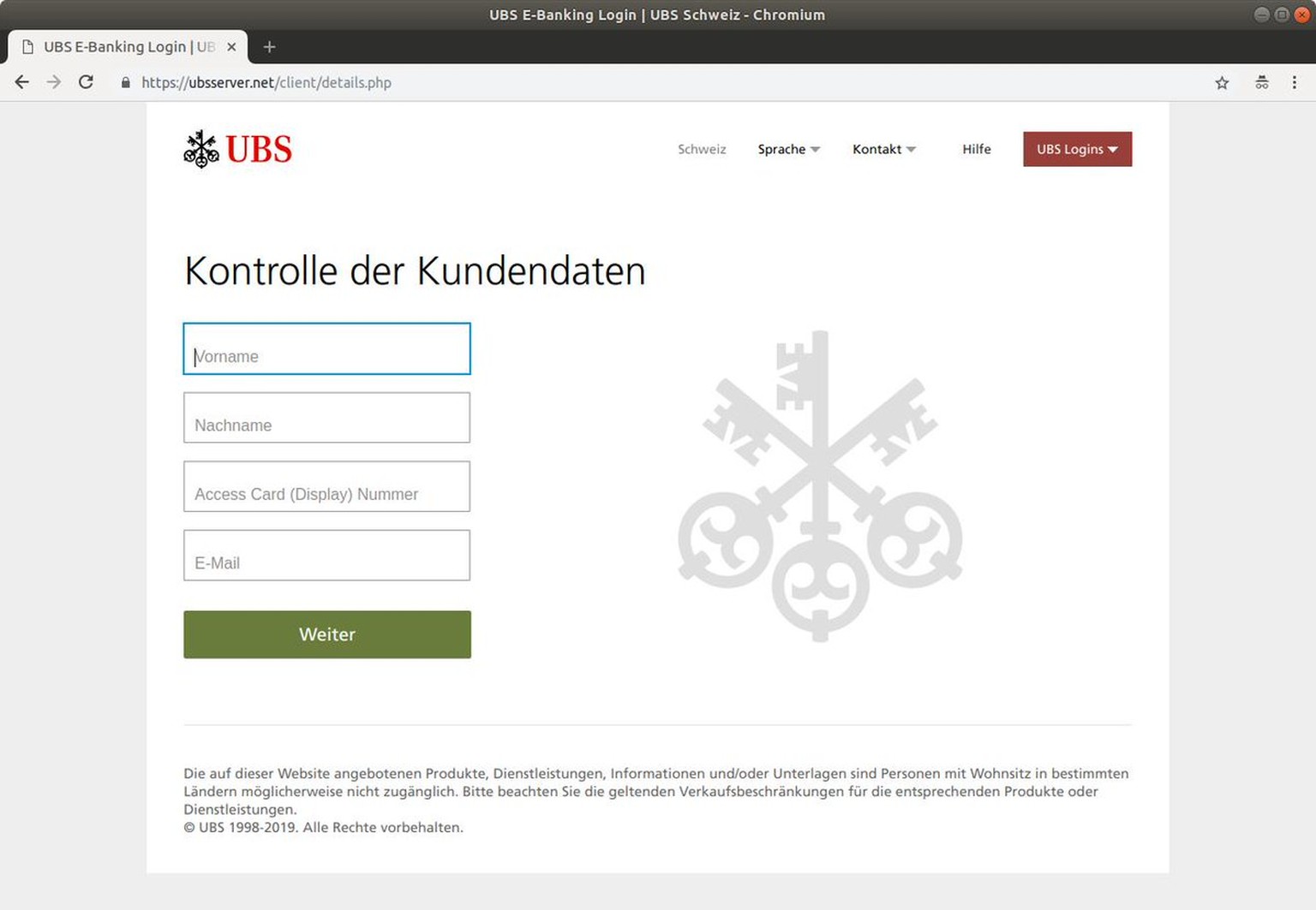 Wer auf dieser perfekt kopierten UBS-Webseite seine Daten eingibt, übergibt sie direkt den Betrügern.