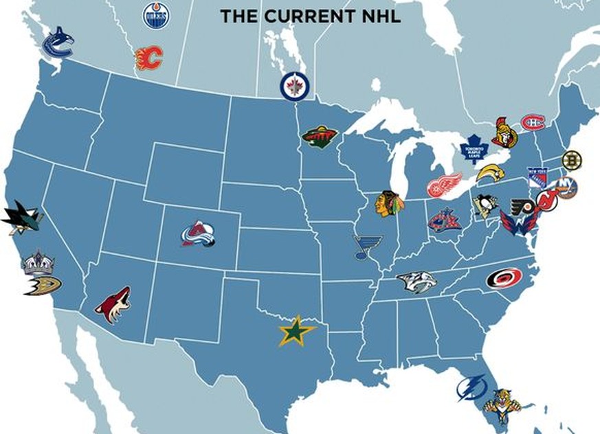 Die geographische Verteilung der NHL-Teams in der Saison 2016/17.