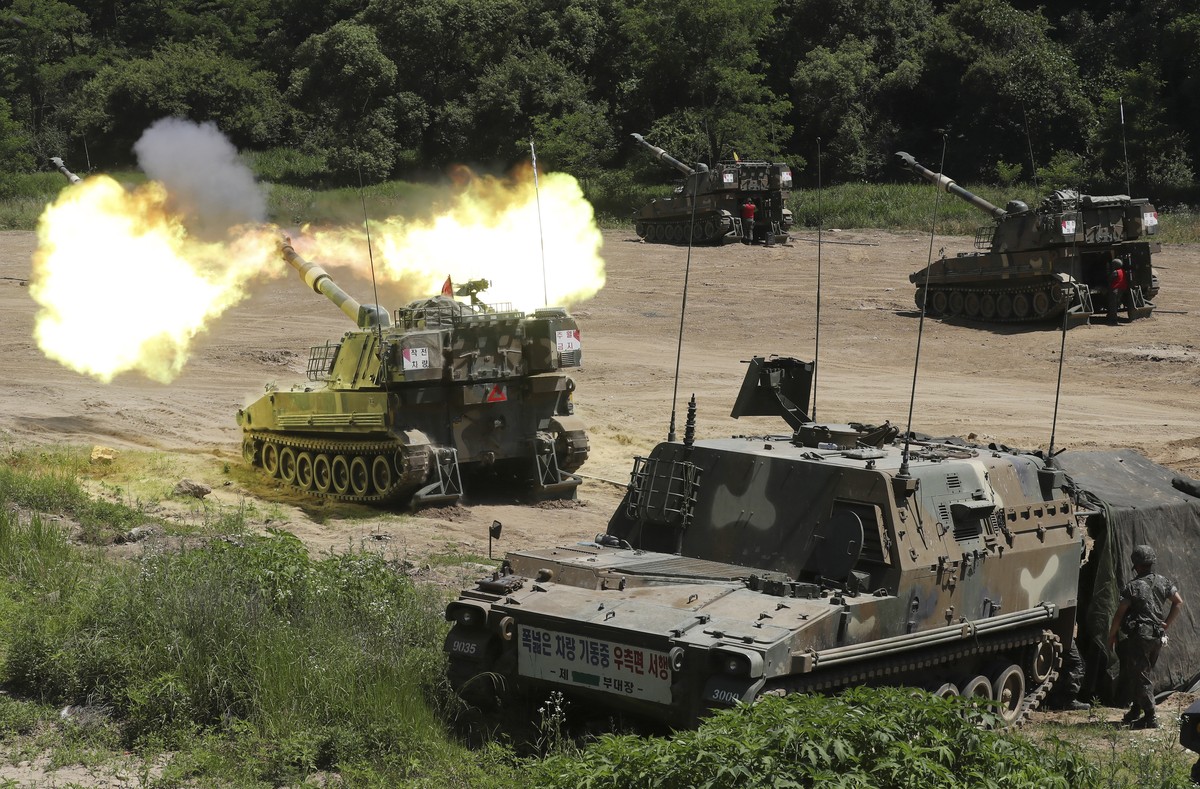 A South Korean army's K-55 self-propelled howitzer fires during a military exercise in Paju, South Korea, near the border with North Korea, Monday, June 22, 2020. South Korea on Monday urged Nort ...