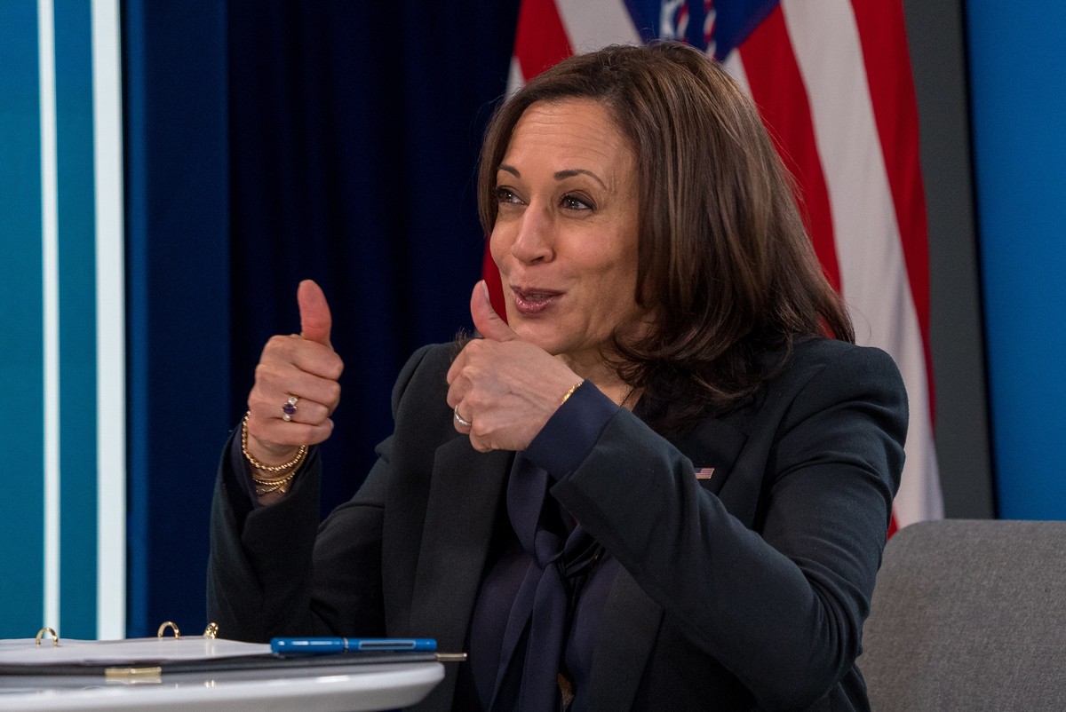 epa09068700 US Vice President Kamala Harris attends an ARP econ virtual briefing with Americans to talk about the passage of the American Rescue Plan in the Eisenhower Executive Office building in Was ...