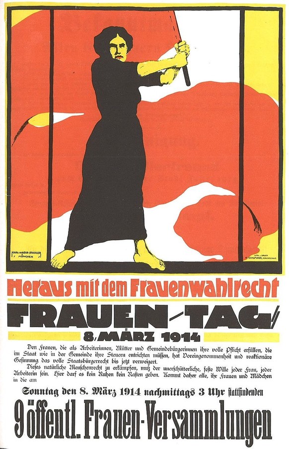 Plakat für den Frauentag am 8. März 1914
https://de.wikipedia.org/wiki/Internationaler_Frauentag#/media/Datei:Frauentag_1914_Heraus_mit_dem_Frauenwahlrecht.jpg