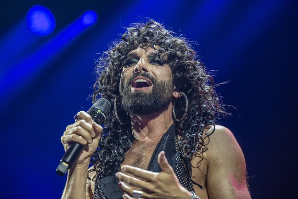 Austria's singer and songwriter Conchita Wurst in action at the village during of the 69th Eurovision Song Contest in Basel, Switzerland, on Monday, May 12, 2025 (KEYSTONE/Peter Schneider)