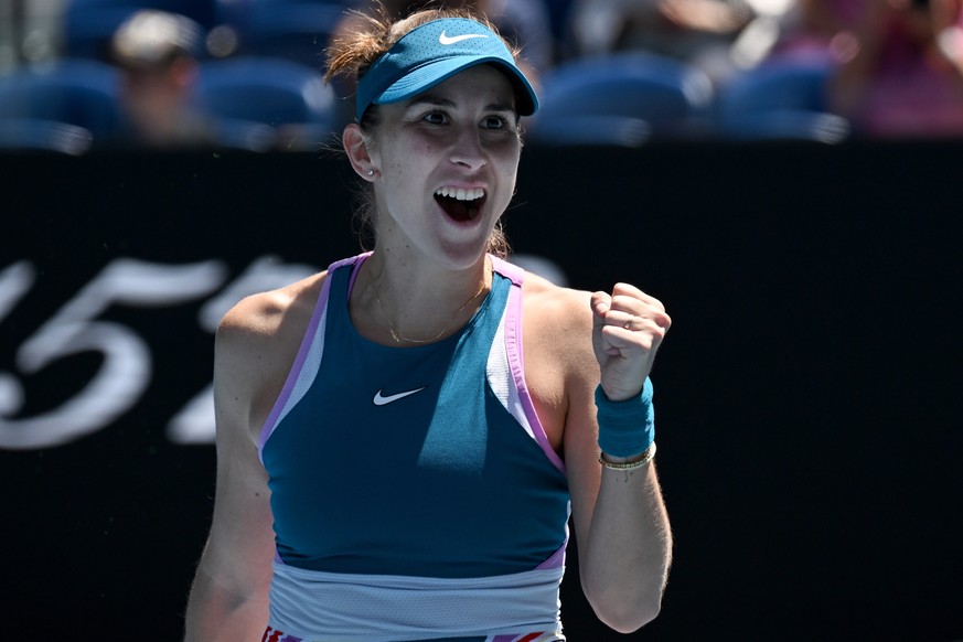 epa10419423 Belinda Bencic of Switzerland celebrates after winning her third round match against Camila Giorgi of Italy at the 2023 Australian Open tennis tournament at Melbourne Park in Melbourne, Au ...