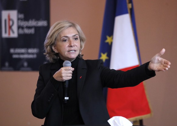 Valérie Pécresse, candidate for the French presidential election 2022, delivers a speech during a meeting in La Madeleine, northern France, Friday, Dec. 10, 2021. The first round of the 2022 French pr ...