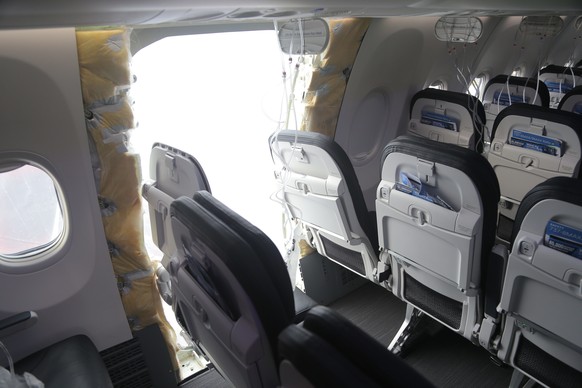 epa11064546 A handout photo made available on 08 January 2024 by the National Transportation Safety Board taken during the investigation into the sudden fuselage failure on a Boeing 737-9 MAX airplane ...