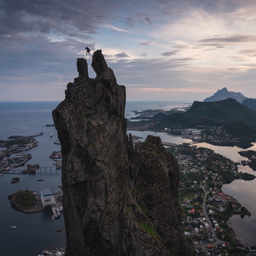 Svolvaergeita or the goat is a pinnacle of rock on top of Svolvaer town, Lofoten island, Norway, Scandinavia, Europe