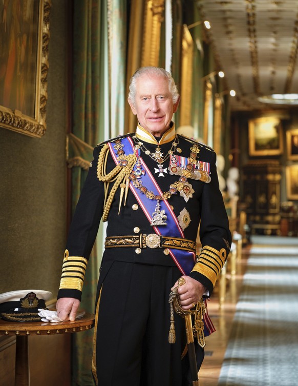 This photo provided by the Buckingham Palace on Monday, Jan.15, 2024 is the new official portrait of Britain&#039;s King Charles III taken in 2023 at Windsor Castle, England. Copies of the portrait wi ...