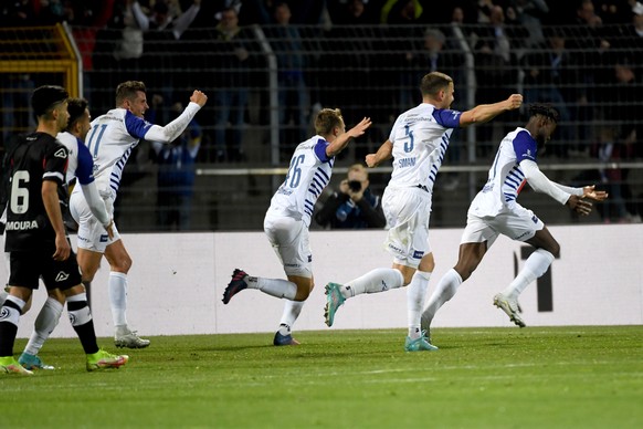 Luzern&#039;s Player Asumah Abubakar right, celebrates the 2-2 goal, during the Swiss Cup semifinal soccer match FC Lugano against FC Luzern, at the Cornaredo stadium in Lugano, Thursday, April 21, 20 ...