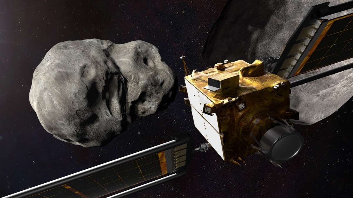 epa09599041 An undated handout picture made available by the National Aeronautics and Space Administration (NASA) shows an illustration of NASA's Double Asteroid Redirection Test (DART) spacecraf ...