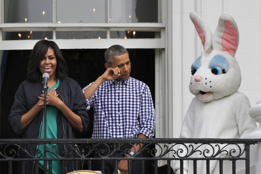 President Barack Obama jokes at being overcome with emotion as first lady Michelle Obama talks about this being their final Easter Egg Roll at the White House, as they are joined by the Easter Bunny d ...