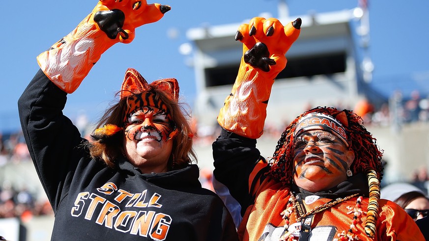 CINCINNATI, OH - NOVEMBER 2: Two fans of the Cincinnati Bengals support the team as they take on the Jacksonville Jaguars at Paul Brown Stadium on November 2, 2014 in Cincinnati, Ohio. Joe Robbins/Get ...