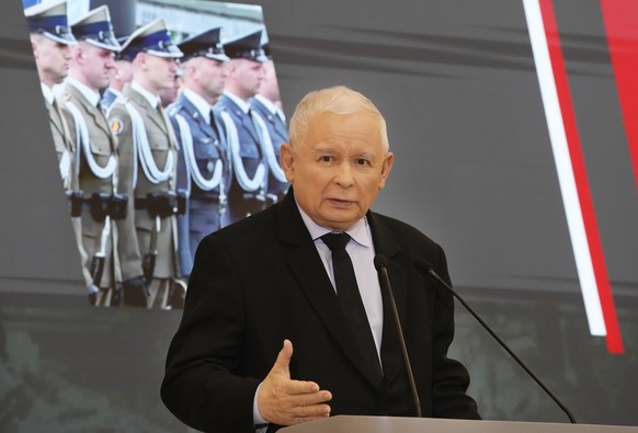 FILE - Poland's Deputy Prime Minister and head of the ruling party, Jaroslaw Kaczynski, speaks at a press conference in Warsaw, Poland, on Feb. 22, 2022. A court in Warsaw is set to open a privacy breach…