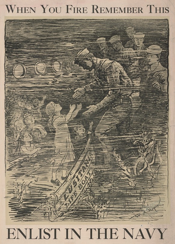 Die Versenkung der Lusitania wurde von den USA und Grossbritannien für die Rekrutierungspropaganda genutzt. Plakat von 1917.
https://www.loc.gov/resource/ppmsca.53319/