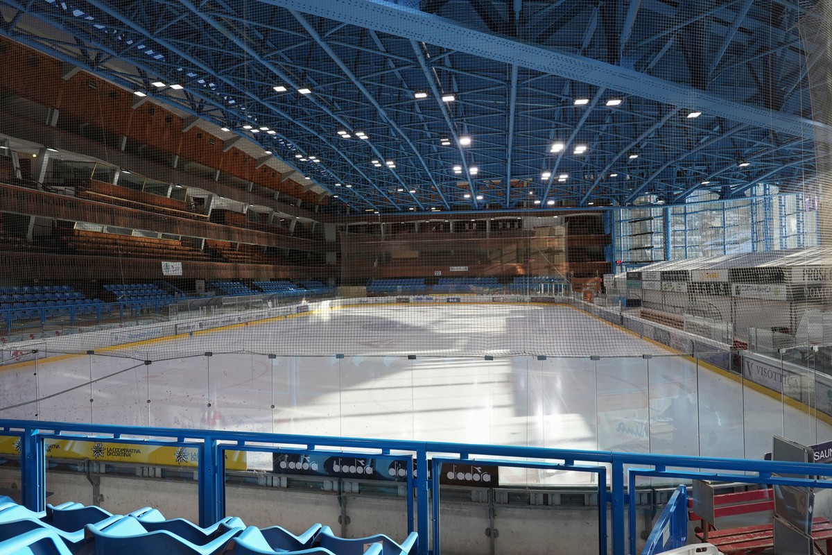 FILE - A view of the Stadio Olimpico del Ghiaccio, which will be called Cortina Curling Olympic Stadium, venue for the curling discipline at the Milan Cortina 2026 Winter Olympics, in Cortina d'A ...