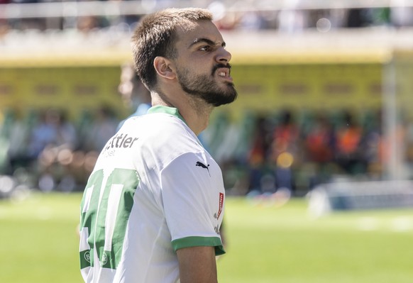 Jovan Milosevic (SG), rechts, bejubelt sein 1-0 im Fussball Meisterschaftsspiel der Swiss Super League zwischen dem FC St. Gallen (St. Gallen) und GC Zuerich (GC), am Sonntag, 11. August 2024, im kybu ...