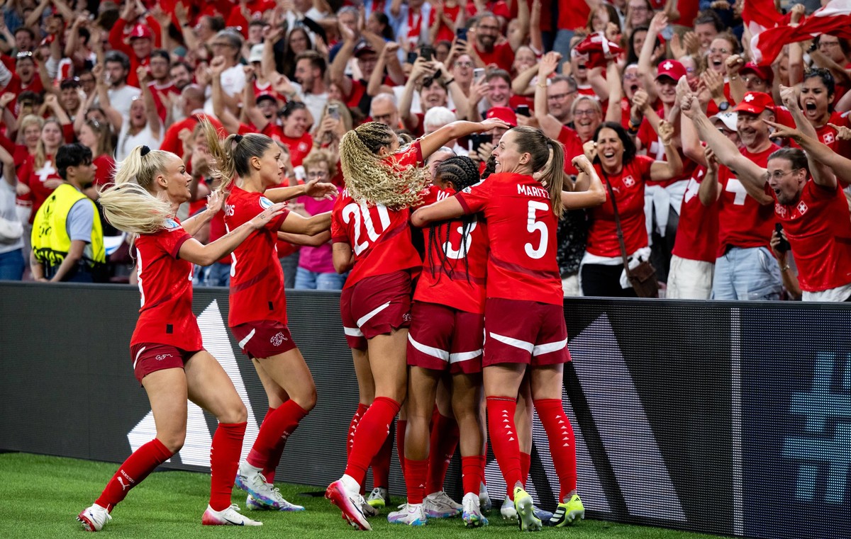Alisha Lehmann Schweiz, 23, Viola Calligaris Schweiz, 18, Alayah Pilgrim Schweiz, 20, Leila Wandeler Schweiz, 03, Noelle Maritz Schweiz, 05 und Team jubeln ueber das Tor zum 1:1 Ausgleich / Endstand d ...