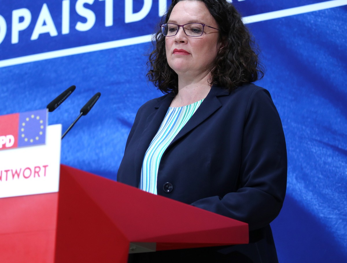 epa07606175 German Social Democratic Party (SPD) chairwoman and faction chair in the German parliament Bundestag Andrea Nahles attends a press conference at the party's headquarters in Berlin, Ge ...