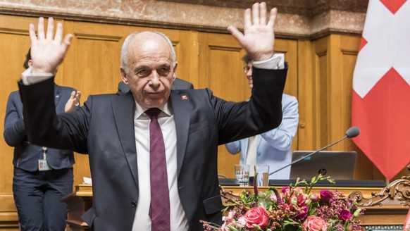 Federal Councillors Ueli Maurer celebrates after his election as Swiss Federal President for the upcoming year in the Parliament in Bern, Switzerland, Wednesday, Dec. 5, 2018. (Peter Schneider/Keyston ...