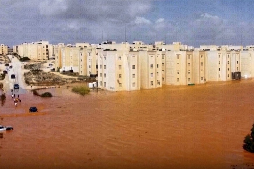 CORRECTS NAME OF STORM TO DANIEL - Streets flooded after Storm Daniel in Marj, Libya, Monday, September 11, 2023. The head of one of Libya's rival governments says 2,000 people are afraid...