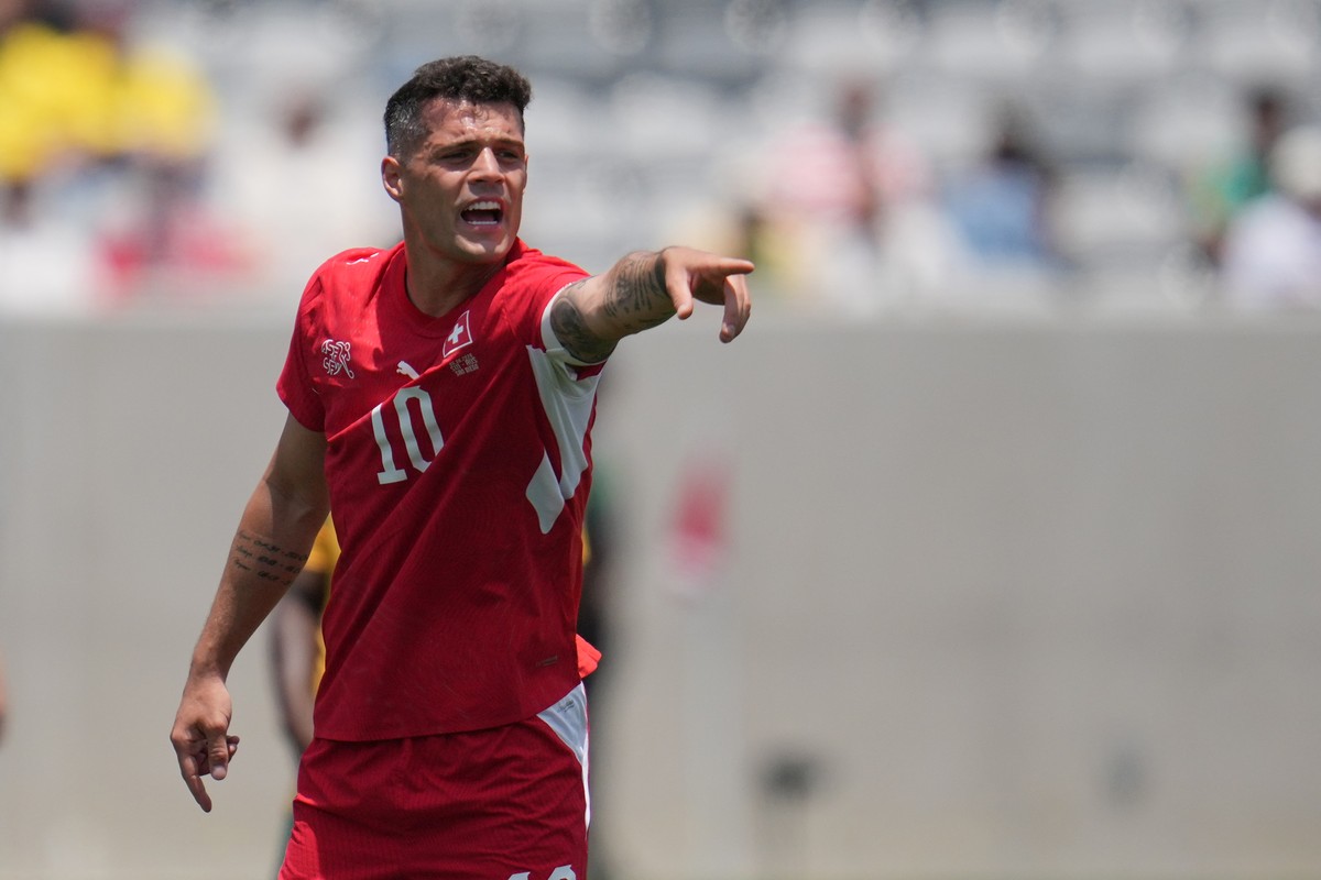 Switzerland midfielder Granit Xhaka gestures during the first half of an international friendly soccer game against Australia Saturday, June 6, 2026, in San Diego. (AP Photo/Gregory Bull)
Granit Xhaka