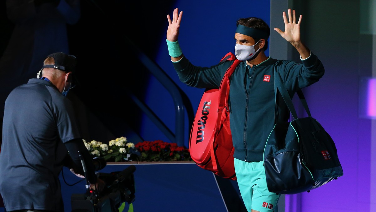 HANDOUT - Switzerland's Roger Federer during the second round match of the Qatar Open tennis tournament against Great Britain's Daniel Evans, on Wednesday, 10 March 2021, in Doha, Qatar. (Qa ...