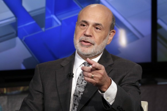 FILE - In this Oct. 6, 2015 file photo, former Federal Reserve Chairman Ben Bernanke is interviewed by Maria Bartiromo during her &quot;Mornings with Maria Bartiromo&quot; program, on the Fox Business ...