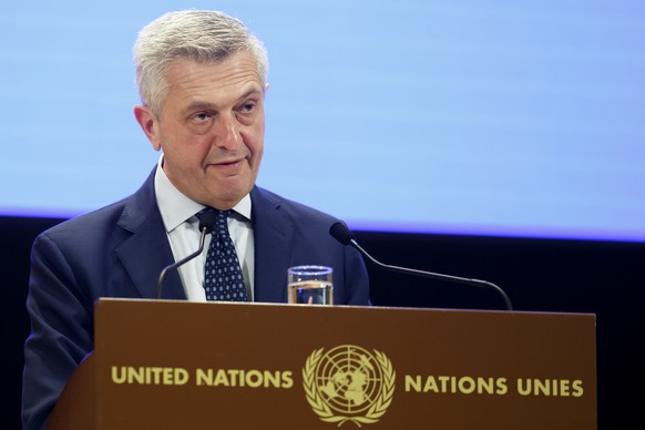 epa07903224 Filippo Grandi, UN High Commissioner for Refugees, addresses his statement, during the 70th annual meeting of the UNHCR Executive Committee, at the European headquarters of the United Nati ...