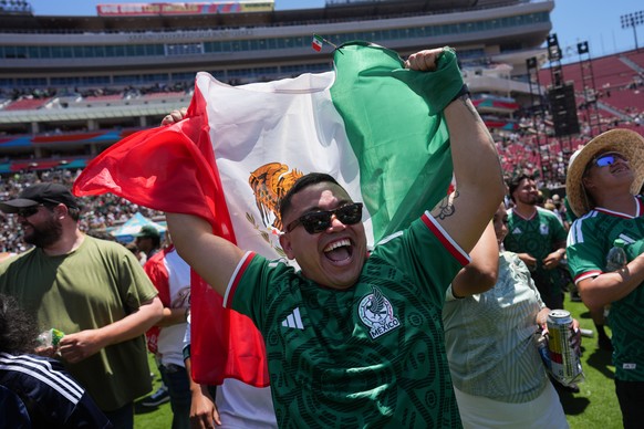 Fans celebrate a goal by Mexico while watching a live broadcast of the World Cup soccer match between Mexico and South Africa at the Los Angeles Memorial Coliseum in Los Angeles, Thursday, June 11, 20 ...