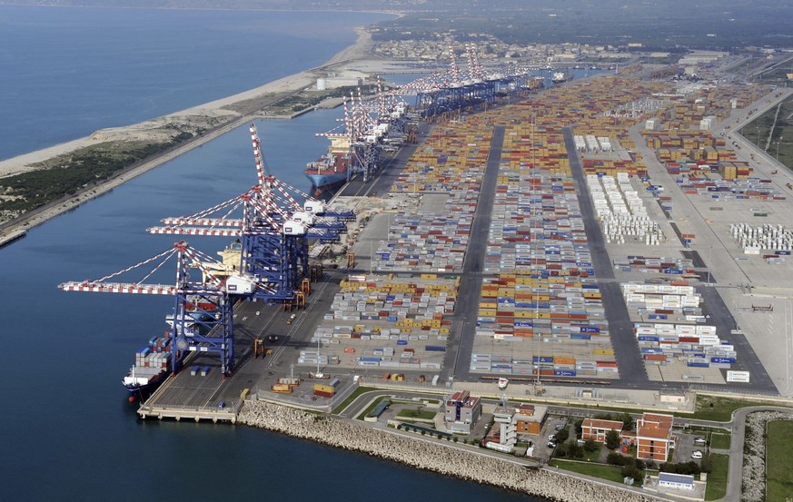 FILE - This 2010 photo shows an aereal view of the Gioia Tauro port, southern Italy. On Tuesday, Feb. 11, 2014, a joint Italian-U.S. anti-Mafia blitz is underway with numerous arrests reported on both ...