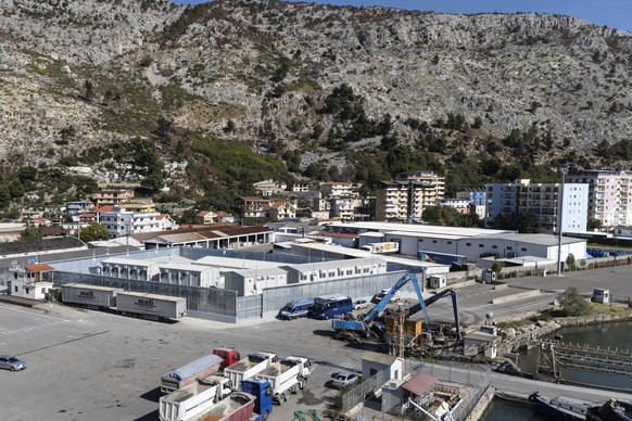 A general view of a migrant processing center at the port of Shengjin, northwestern Albania Wednesday, Oct. 16, 2024, as the first group of migrants who were intercepted in international waters arrive ...