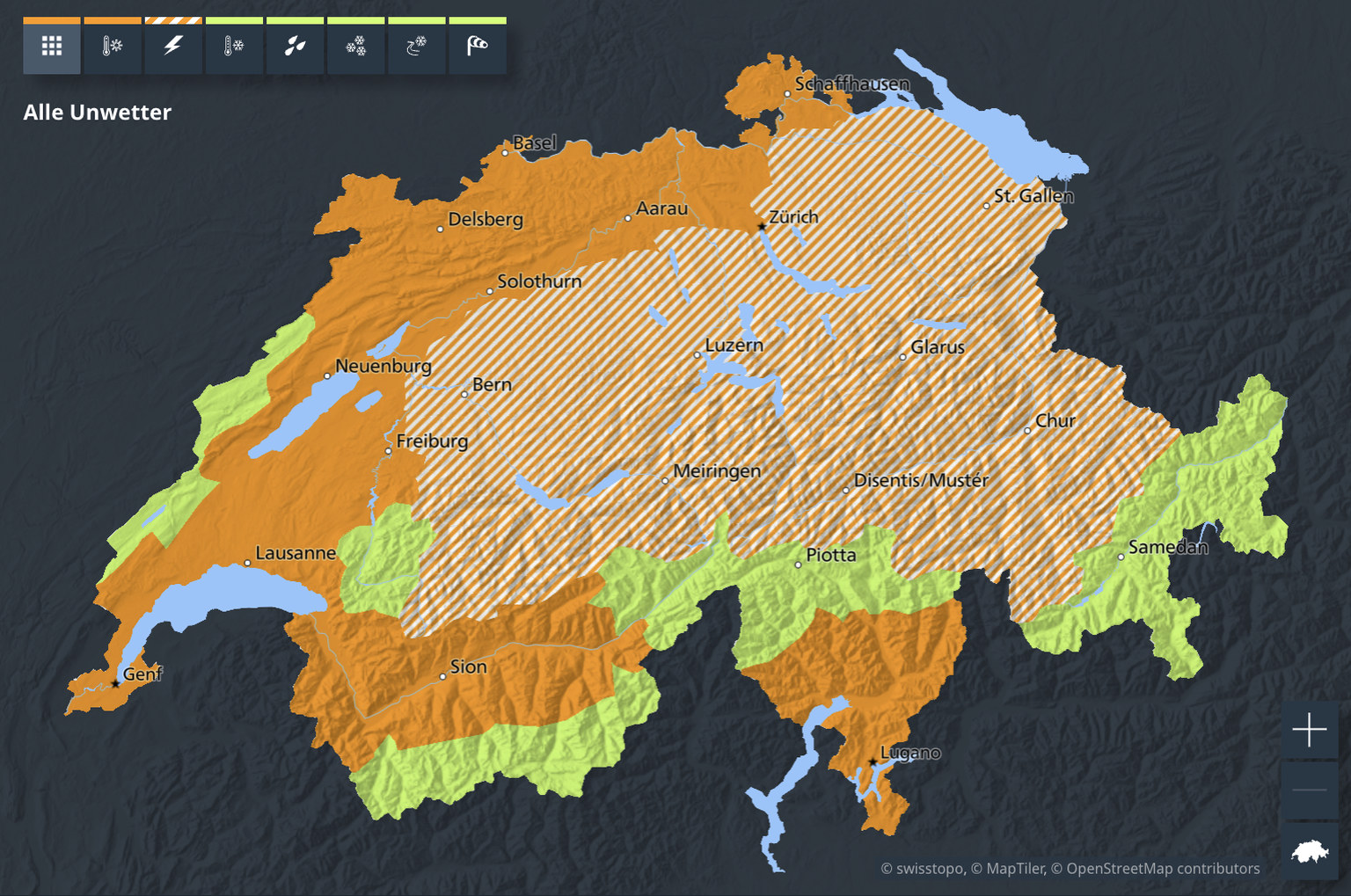 Das Bundesamt für Meteorologie und Klimatologie MeteoSchweiz warnt am 14. Juli 2026 vor Gewittern in weiten Teilen der Schweiz.