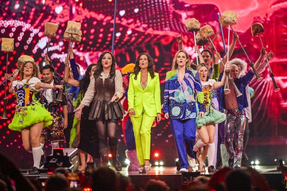 KEYPIX - The hosts Petra Mede, Sandra Studer and Hazel Brugger, from left, make a performance during the dress rehearsal and preview show of the first semi-final at the 69th Eurovision Song Contest in ...