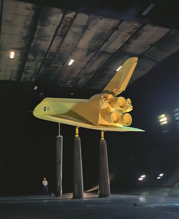 Space Shuttle SSV Orbiter Model In 40x80 Foot Wind Tunnel.
NASA ID: AC75-1161-003
Space Shuttle SSV Orbiter Model A100 0.36 Scale In 40x80 Foot Wind Tunnel.
3/4 lower rear view.
Date Created:1975-05-3 ...