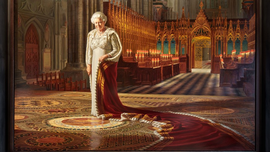 A portrait by artist Ralph Heimans on display in the Westminster Abbey museum in London showing Queen Elizabeth II wearing her State dress and robe and standing on the Cosmati Pavement, where she was  ...