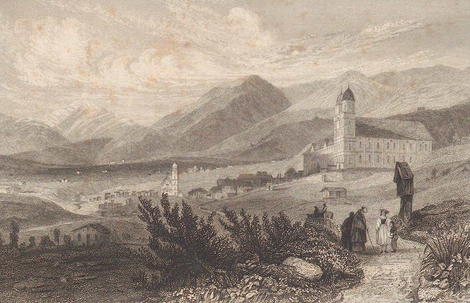 Das Kloster Disentis auf einer Druckgrafik von 1836.
https://ad.e-pics.ethz.ch/catalog/ETHBIB.AD-v1.0/r/43133/viewmode=infoview