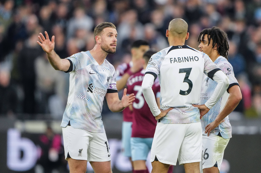 Mandatory Credit: Photo by Jed Leicester/Shutterstock (13884893ar) Jordan Henderson of Liverpool reacts to Fabinho of Liverpool and Trent Alexander-Arnold of Liverpool West Ham United v Liverpool, Pre ...