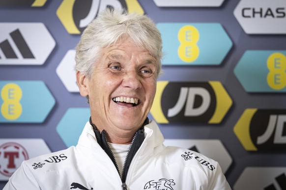 Swiss national soccer coach Pia Sundhage speaks at a media conference ahead of the friendly match between Scotland and Switzerland on Monday, October 27, 2025, at East End Park in Dunfermline, Scotlan ...